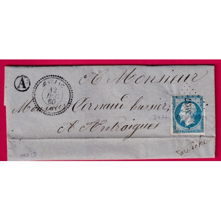 N°14 PC 3937 JAUJAC ARDECHE CAD TYPE 22 POUR ENTRAIGUES 1860 LETTRE COVER