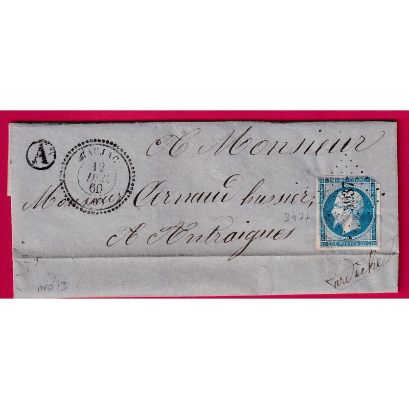 N°14 PC 3937 JAUJAC ARDECHE CAD TYPE 22 POUR ENTRAIGUES 1860 LETTRE COVER