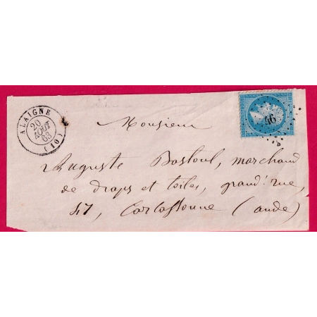 N°22 PC DU GC ALAIGNE AUDE POUR CARCASSONNE DEVANT DE LETTRE INDICE 17 COVER FRANCE