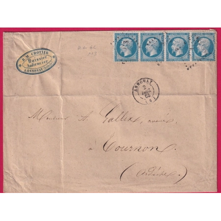 N°22 BANDE DE 4 PC DU GC 113 ANNONAY ARDECHE + ETIQUETTE PB RECTO POUR TOURNON LETTRE COVER FRANCE