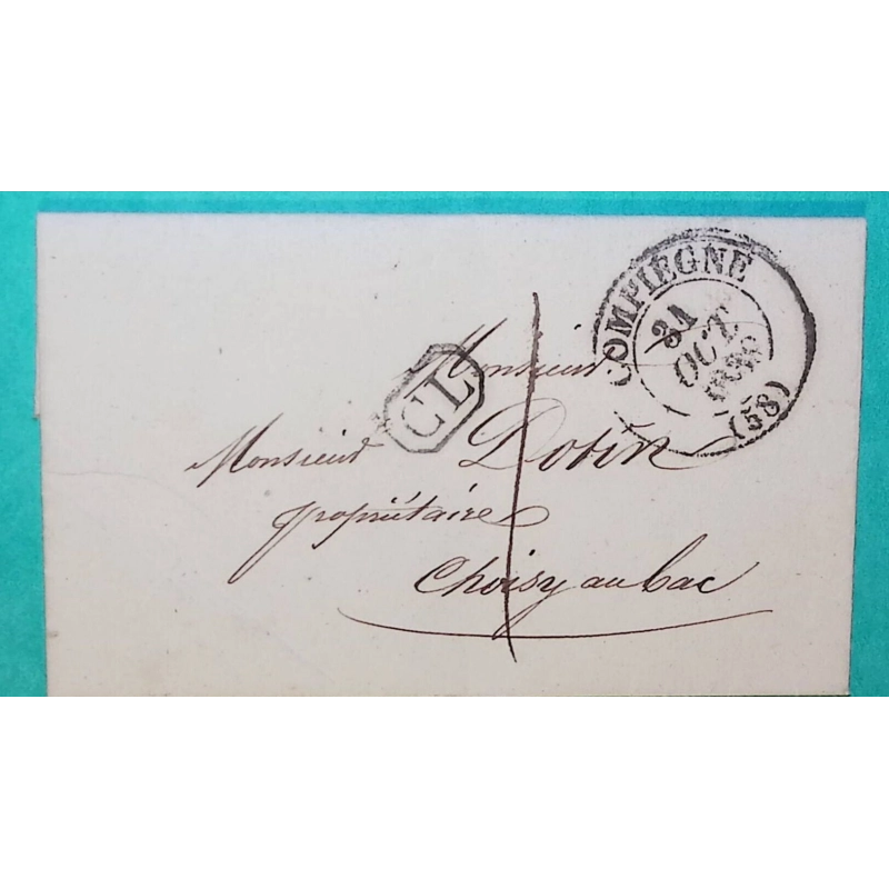 CAD TYPE 13 COMPIEGNE OISE CL CORRESPONDANCE LOCALE TAXE 1 POUR CHOISY AU BAC 1838 LETTRE COVER FRANCE