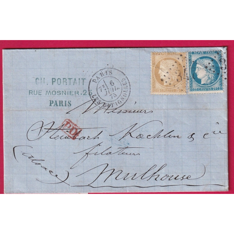 N°55 60 GC 347 PARIS LES BATIGNOLLES POUR MULHOUSE HAUT RHIN ALSACE LORRAINE ALLEMAGNE LETTRE COVER