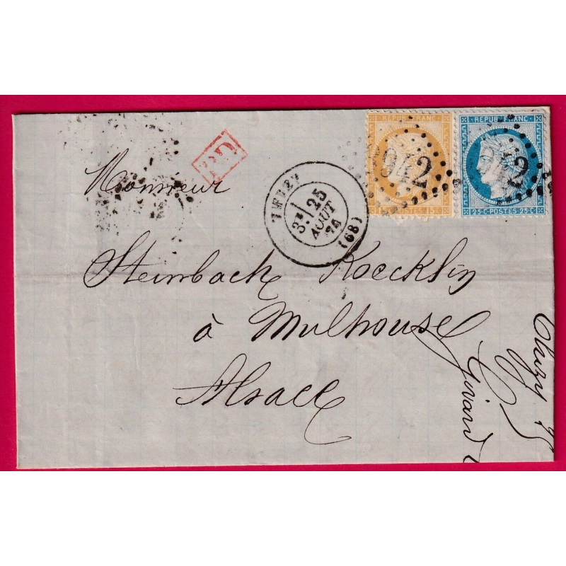 N°55 60 GC 3942 THIZY RHONE POUR MULHOUSE HAUT RHIN ALSACE LORRAINE ALLEMAGNE LETTRE COVER