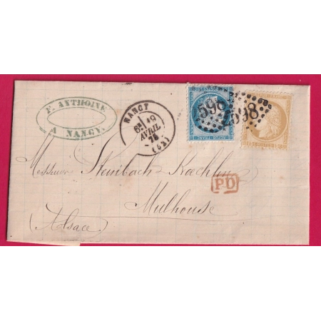 N°55 60 GC 2598 NANCY MEURTHE ET MOSELLE POUR MULHOUSE HAUT RHIN ALSACE LORRAINE ALLEMAGNE LETTRE COVER
