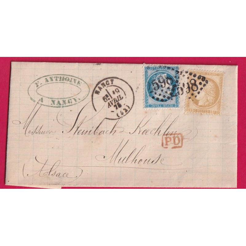 N°55 60 GC 2598 NANCY MEURTHE ET MOSELLE POUR MULHOUSE HAUT RHIN ALSACE LORRAINE ALLEMAGNE LETTRE COVER