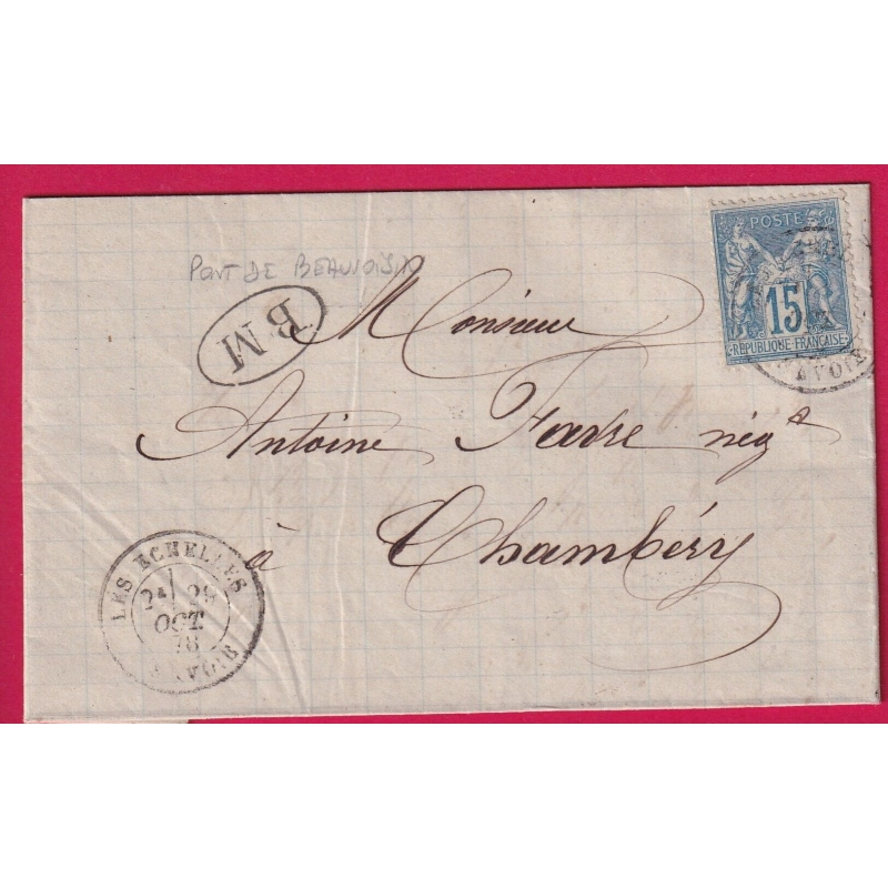 N°90 LES ECHELLES SAVOIE BM PONT DE BEAUVOISIN POUR CHAMBERY LETTRE COVER ETIQUETTE PUB