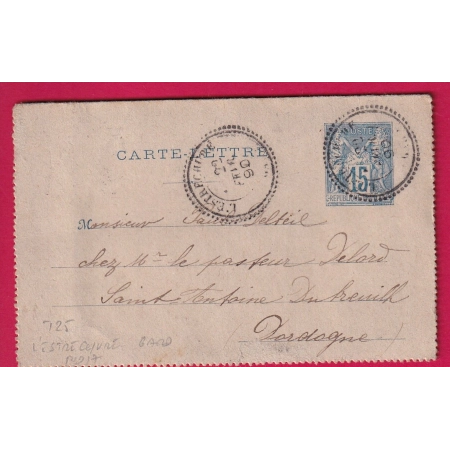 ENTIER SAGE CAD TYPE 25 L'ESTRECHURE GARD 1890 POUR ST ANTOINE DE BREUILH T25 AU DOS DORDOGNE INDICE 17 LETTRE COVER