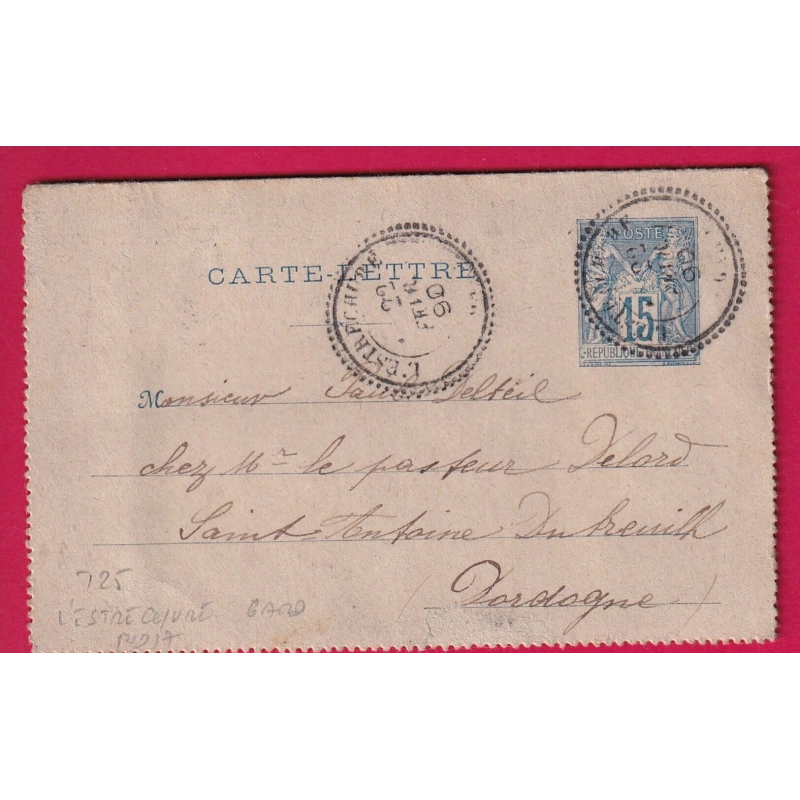 ENTIER SAGE CAD TYPE 25 L'ESTRECHURE GARD 1890 POUR ST ANTOINE DE BREUILH T25 AU DOS DORDOGNE INDICE 17 LETTRE COVER