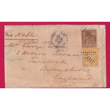 N°38 69 GC 5104 SHANGHAI CHINE CHINA POUR TAVISTOCK ANGLETERRE 1880 MIXTE SAGE CERES VIA NAPLES ITALIE LETTRE COVER