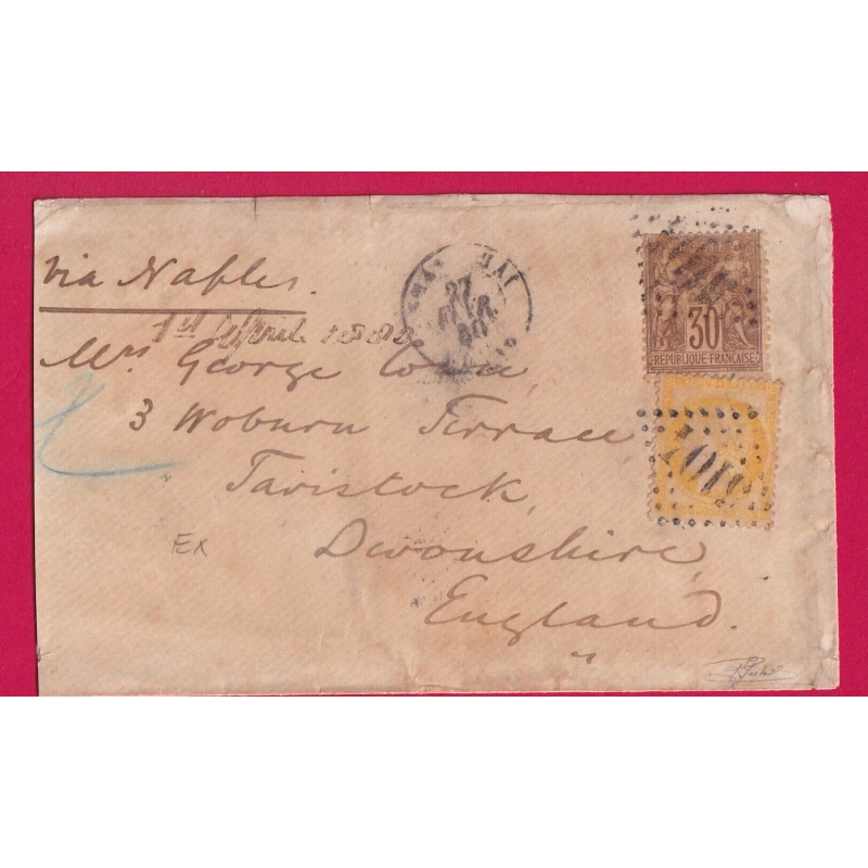 N°38 69 GC 5104 SHANGHAI CHINE CHINA POUR TAVISTOCK ANGLETERRE 1880 MIXTE SAGE CERES VIA NAPLES ITALIE LETTRE COVER