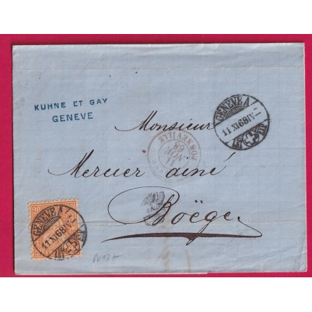 SUISSE N° 36 PAIRE GENEVE A TARIF FRONTALIER ENTREE SUISSE BONNEVILLE POUR BOEGE HAUTE SAVOIE FRANCE COVER