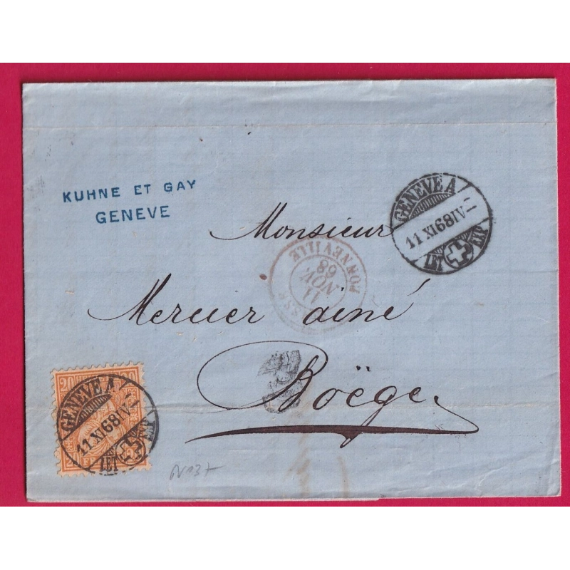 SUISSE N° 36 PAIRE GENEVE A TARIF FRONTALIER ENTREE SUISSE BONNEVILLE POUR BOEGE HAUTE SAVOIE FRANCE COVER