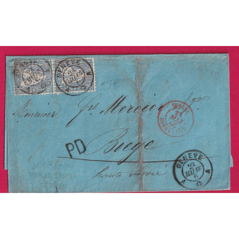 SUISSE N° 37 GENEVE A TARIF FRONTALIER ENTREE SUISSE BONNEVILLE POUR BOEGE HAUTE SAVOIE 1868 FRANCE COVER