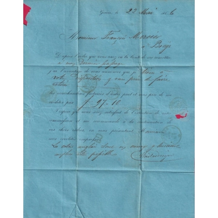 SUISSE N° 37 GENEVE A TARIF FRONTALIER ENTREE SUISSE BONNEVILLE POUR BOEGE HAUTE SAVOIE 1868 FRANCE COVER