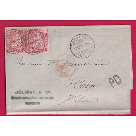 SUISSE N° 43 PAIRE GENEVE A TARIF FRONTALIER ENTREE SUISSE BONNEVILLE POUR BOEGE HAUTE SAVOIE 1866 FRANCE COVER