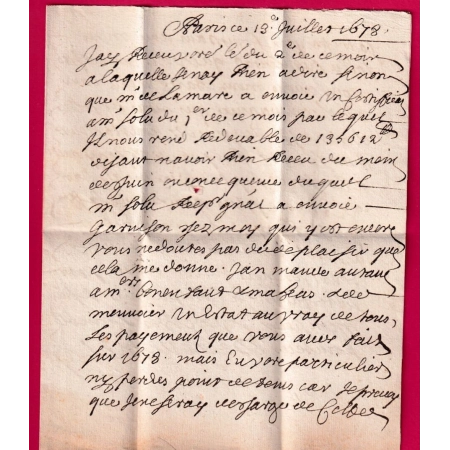 LETTRE DE PARIS 1678 POUR AURILLAC CANTAL MENTION AUVERGNE MANUSCRIT TAXE 5 LETTRE COVER
