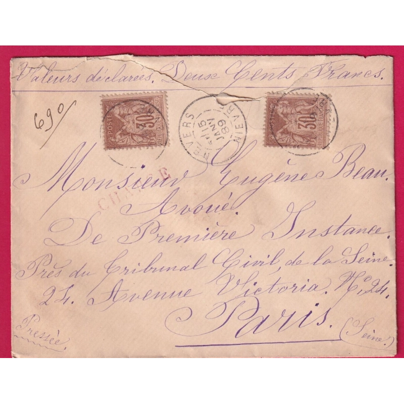 N°80 X2 NEVERS NIEVRE 1889 POUR PARIS LETTRE CHARGE COVER