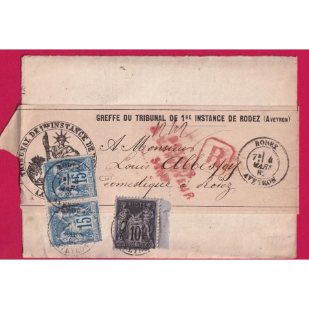 N°90 PAIRE 89 RODEZ AVEYRON RECOMMANDE LOCAL 1882 RETOUR ENVOYEUR LETTRE COVER