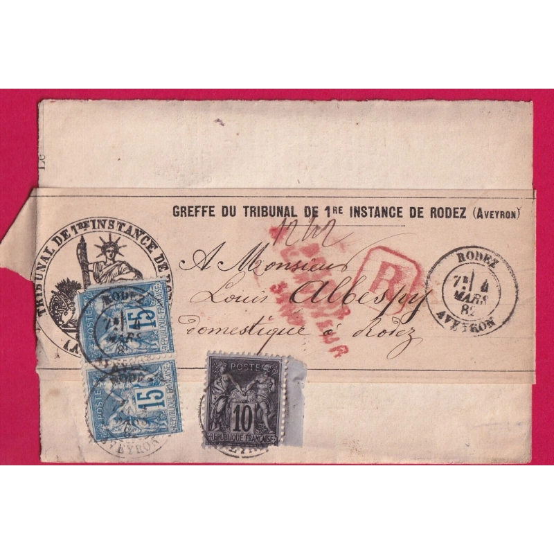 N°90 PAIRE 89 RODEZ AVEYRON RECOMMANDE LOCAL 1882 RETOUR ENVOYEUR LETTRE COVER