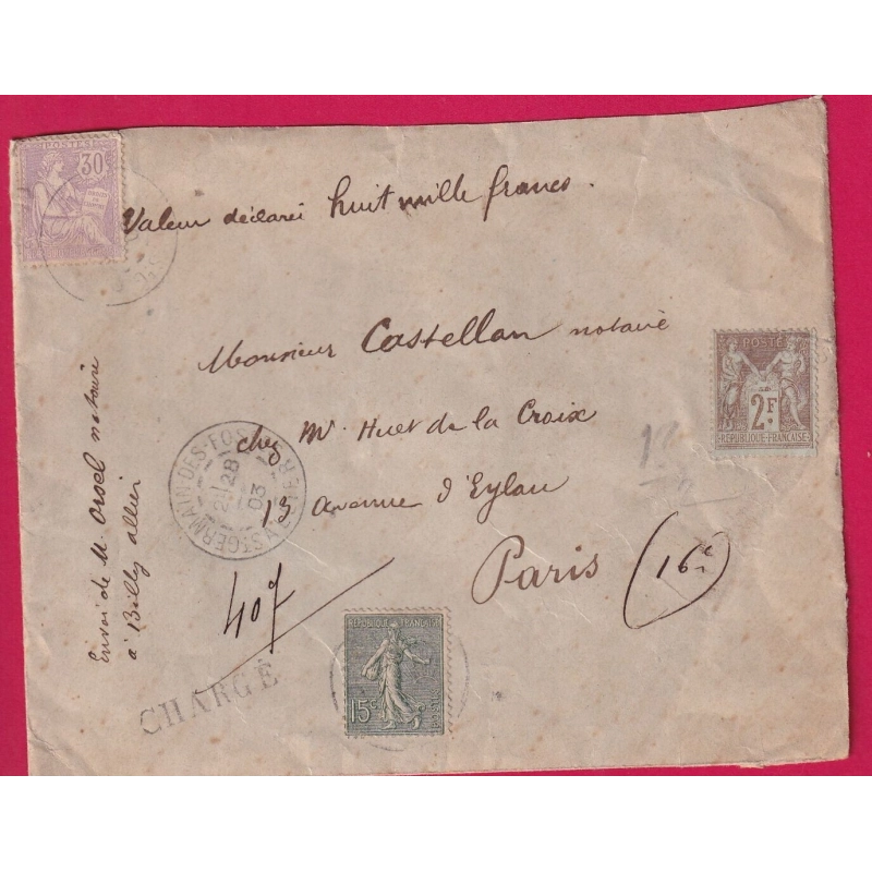 N°105 128 130 RARE 3 EMISSIONS 1903 ST GERMAIN DES FOSSE ALLIER DEVANT DE LETTRE POUR PARIS RARE COVER