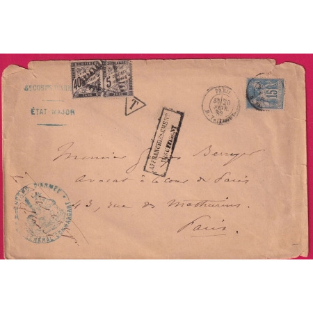 N°90 PARIS ETAT MAJOR 4E CORPS ARMEE TAXE 45C 40 + 5C TYPE DUVAL TRIANGLE PARIS BUREAU CENTRAL 1883 LETTRE COVER