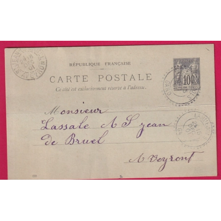 ENTIER SAGE 10C CAD FB84 FACTEUR BOITIER LANUEJOLS GARD 1901 POUR ST JEAN DE BRUEL AVEYRON LETTRE COVER
