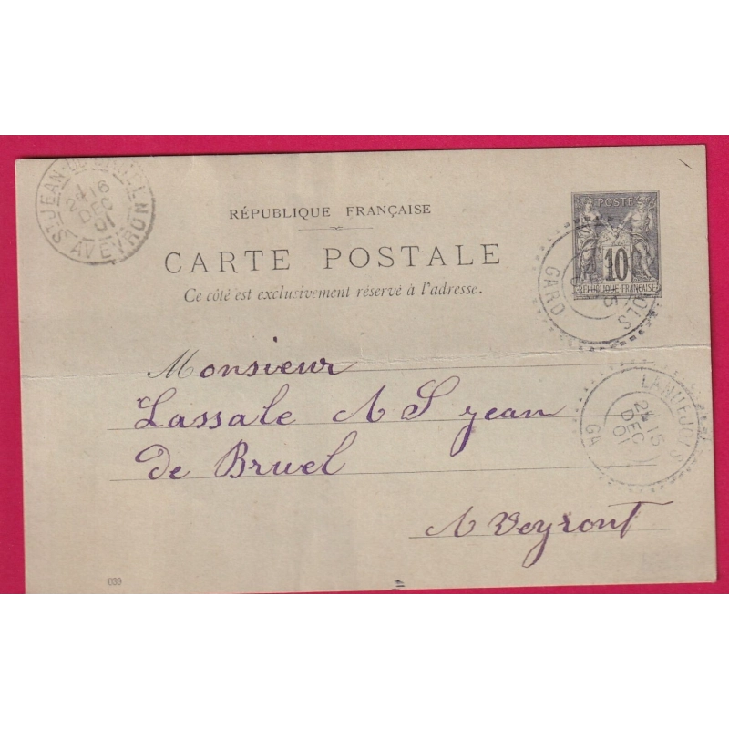 ENTIER SAGE 10C CAD FB84 FACTEUR BOITIER LANUEJOLS GARD 1901 POUR ST JEAN DE BRUEL AVEYRON LETTRE COVER