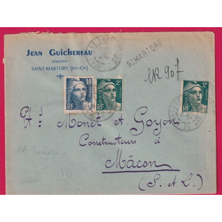 GANDON 1947 ST MARTORY HAUTE GARONNE RECOMMANDE PROVISOIRE POUR MACON LETTRE COVER