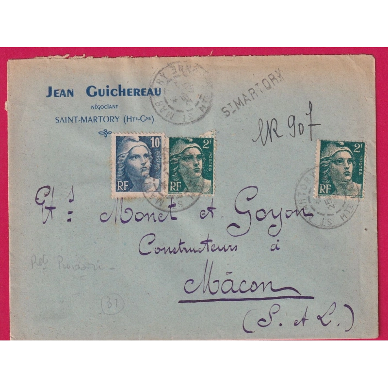 GANDON 1947 ST MARTORY HAUTE GARONNE RECOMMANDE PROVISOIRE POUR MACON LETTRE COVER