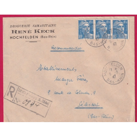GANDON 1947 HOCHFELDEN BAS RHIN RECOMMANDE PROVISOIRE POUR SELESTAT LETTRE COVER