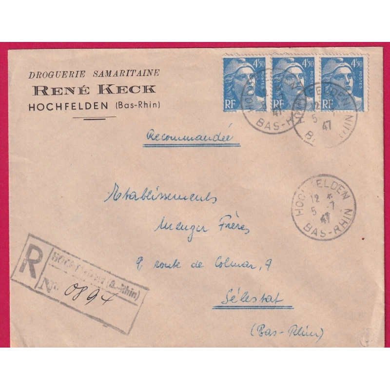 GANDON 1947 HOCHFELDEN BAS RHIN RECOMMANDE PROVISOIRE POUR SELESTAT LETTRE COVER