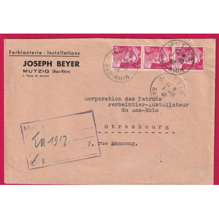 GANDON 1946 MUTZIG BAS RHIN RECOMMANDE PROVISOIRE POUR STRASBOURG LETTRE COVER