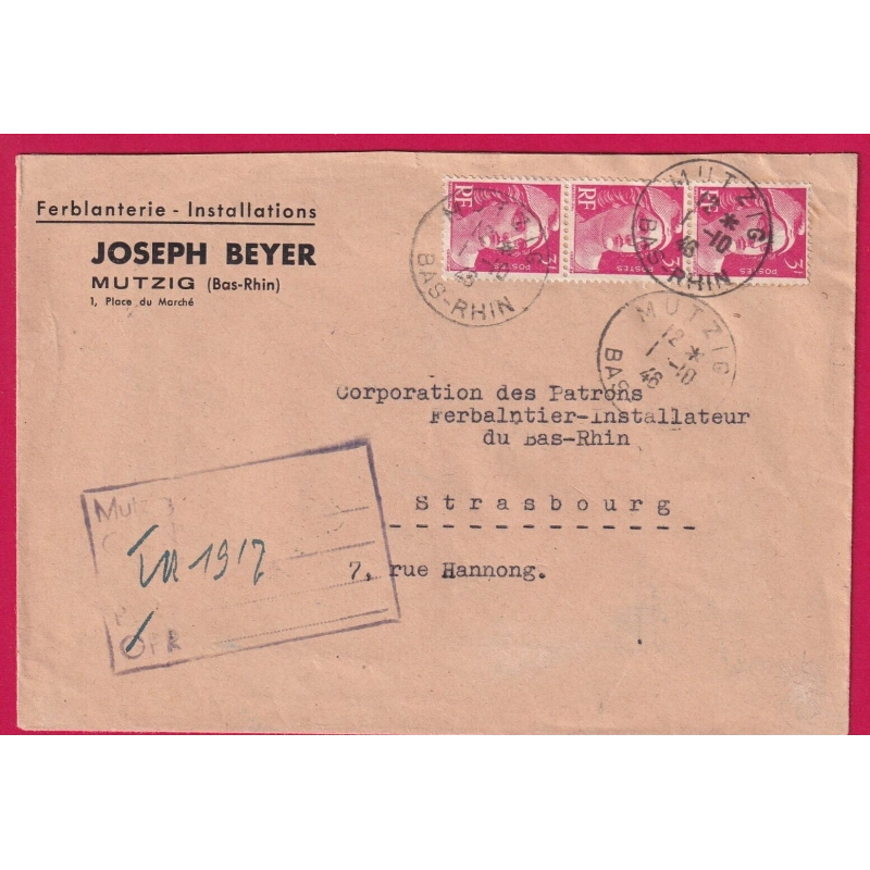 GANDON 1946 MUTZIG BAS RHIN RECOMMANDE PROVISOIRE POUR STRASBOURG LETTRE COVER