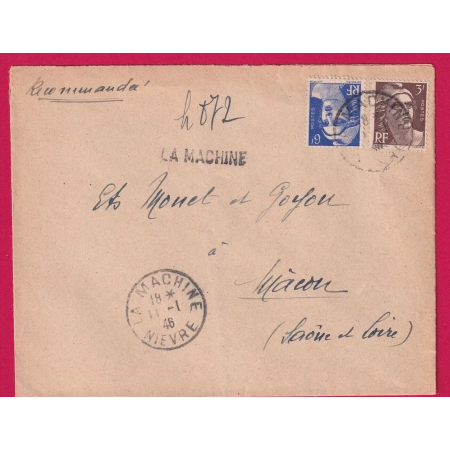 GANDON 1946 LA MACHINE NIEVRE RECOMMANDE PROVISOIRE POUR MACON LETTRE COVER