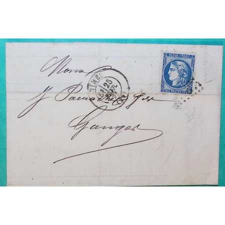 N°45B CERES BORDEAUX BELLE COULEUR GC 2659 NIMES GARD POUR GANGES HERAULT FEVRIER 1871 LETTRE COVER FRANCE