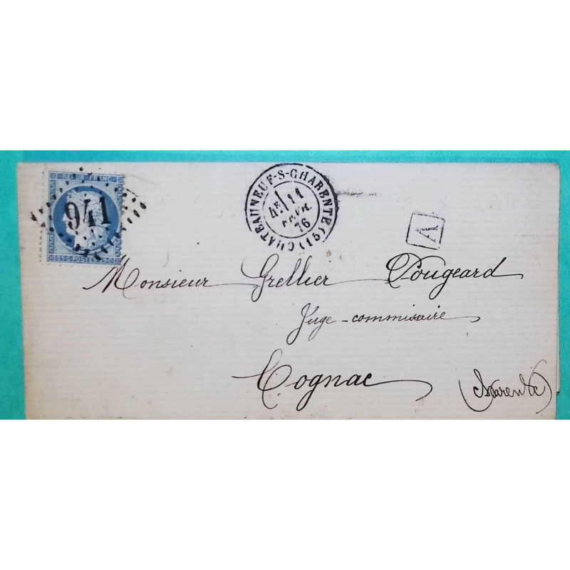 N°60C GC 941 CHATEAUNEUF SUR CHARENTE BOITE URBAINE A MAIRIE POUR COGNAC 1876 LETTRE COVER FRANCE
