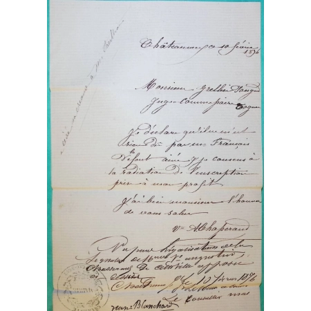 N°60C GC 941 CHATEAUNEUF SUR CHARENTE BOITE URBAINE A MAIRIE POUR COGNAC 1876 LETTRE COVER FRANCE