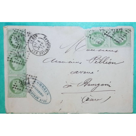 N°53 x5 CERES GC 347 PARIS LES BATIGNOLLES POUR BOURGOIN JALLIEU ISERE 1873 DEVANT DE LETTRE FRONT COVER FRANCE