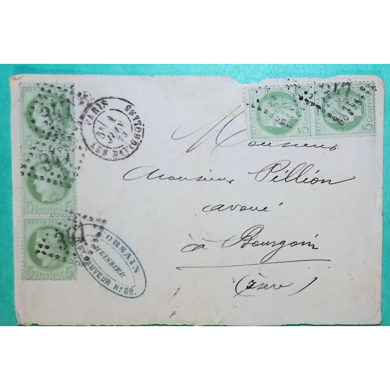 N°53 x5 CERES GC 347 PARIS LES BATIGNOLLES POUR BOURGOIN JALLIEU ISERE 1873 DEVANT DE LETTRE FRONT COVER FRANCE