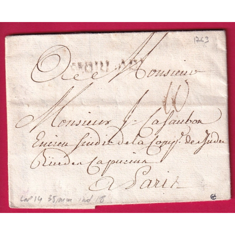 MARQUE MORLAIX FINISTERE 35mm LENAIN N°14 INDICE 18 POUR PARIS 1763 LETTRE COVER