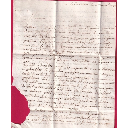 MARQUE LANDERNEAU FINISTERE LENAIN N°2B 1743 POUR QUIMPER QUIMPERLE PUIS NANTES INDICE 10 LETTRE COVER FRANCE