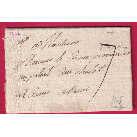 MARQUE BREST FINISTERE 1776 LENAIN N°12 INDICE 13 POUR RENNES ILLE ET VILAINE LETTRE COVER FRANCE
