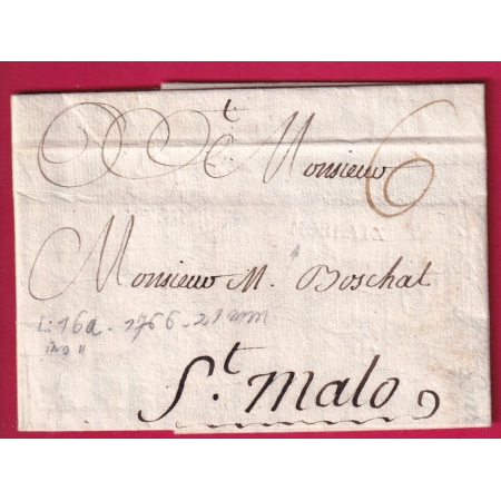 MARQUE MORLAIX A SEC FINISTERE LENAIN N°16A 1766 INDICE 11 POUR ST MALO ILLE ET VILAINE LETTRE COVER FRANCE