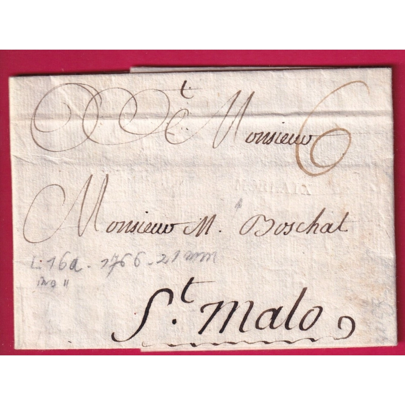 MARQUE MORLAIX A SEC FINISTERE LENAIN N°16A 1766 INDICE 11 POUR ST MALO ILLE ET VILAINE LETTRE COVER FRANCE
