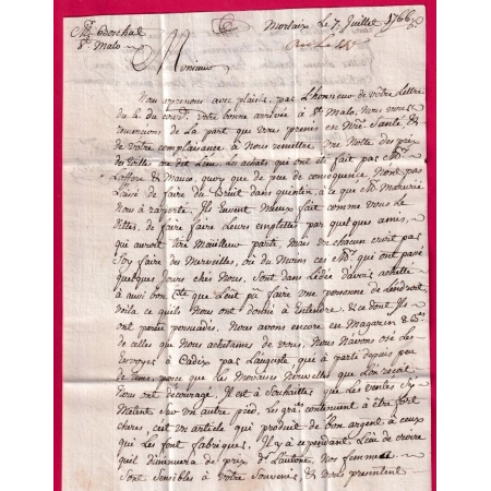 MARQUE MORLAIX A SEC FINISTERE LENAIN N°16A 1766 INDICE 11 POUR ST MALO ILLE ET VILAINE LETTRE COVER FRANCE