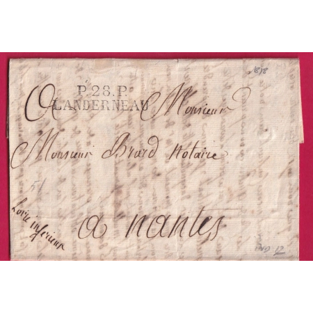 MARQUE P28P LANDERNEAU FINISTERE 1818 POUR NANTES INDICE 12 LETTRE COVER FRANCE