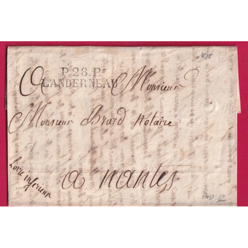 MARQUE P28P LANDERNEAU FINISTERE 1818 POUR NANTES INDICE 12 LETTRE COVER FRANCE