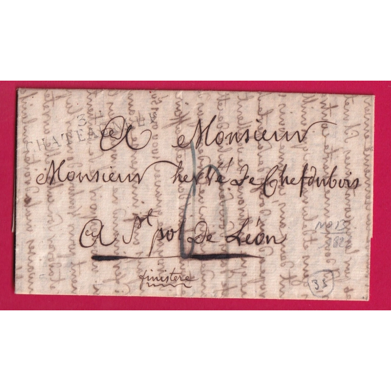 MARQUE 34 CHATEAUNEUF DE BRETAGNE ILLE ET VILAINE 1823 INDICE 13 POUR ST POL DE LEON LETTRE COVER FRANCE