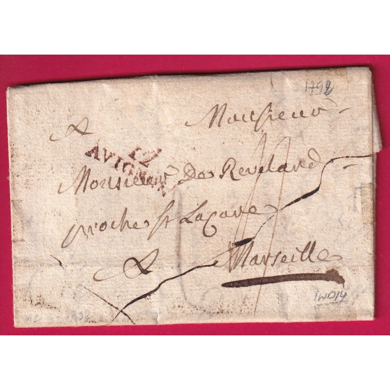MARQUE 12 AVIGNON EN ROUGE VAUCLUSE BOUCHES DU RHONE 1792 INDICE 14 POUR MARSEILLE LETTRE COVER FRANCE