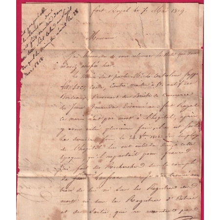 SERVICE DU ROI FORT ROYAL MARTINIQUE1819 POUR FORT ROYAL FORT DE FRANCE LETTRE COVER FRANCE